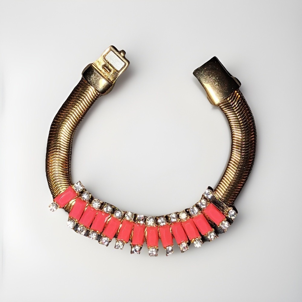 Banana Republic BR Gold Tone Herringbone Chain Bracelet Pink Bead & Rhinestone